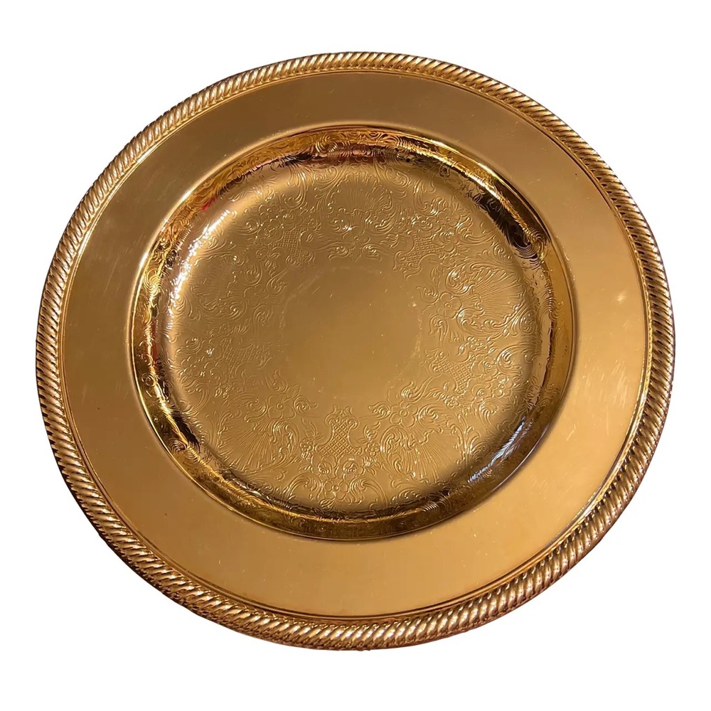 Vintage 24 Karat Gold Plated Serving Service Tray, Charger Christmas Holiday